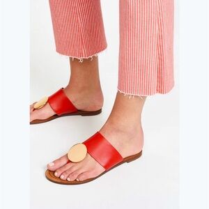 🍒🍷Tory Burch Patos Disk Sandal Gold Red Leather size 8